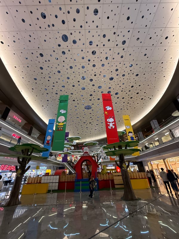 Evening mall visit in Mexico City with Peanuts display and pizza