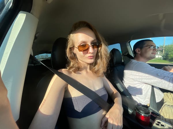 Sunny day car selfies on the road near Kuyeda