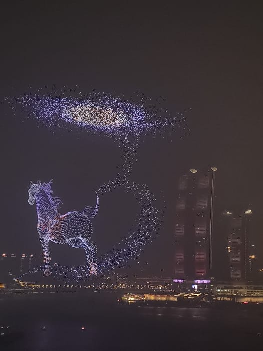 Drone light show displays traditional imagery over Chongqing river