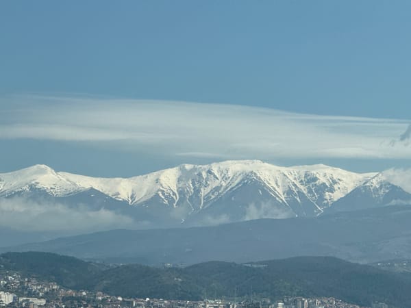 Snow-capped mountains observed behind city under clear skies