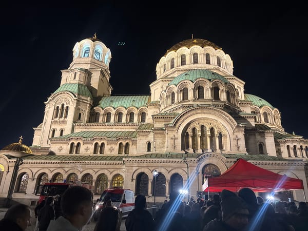 Night crowd gathers at Sofia's Alexander Nevsky Cathedral