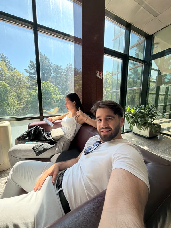 Couple takes selfie by window in Sofia building
