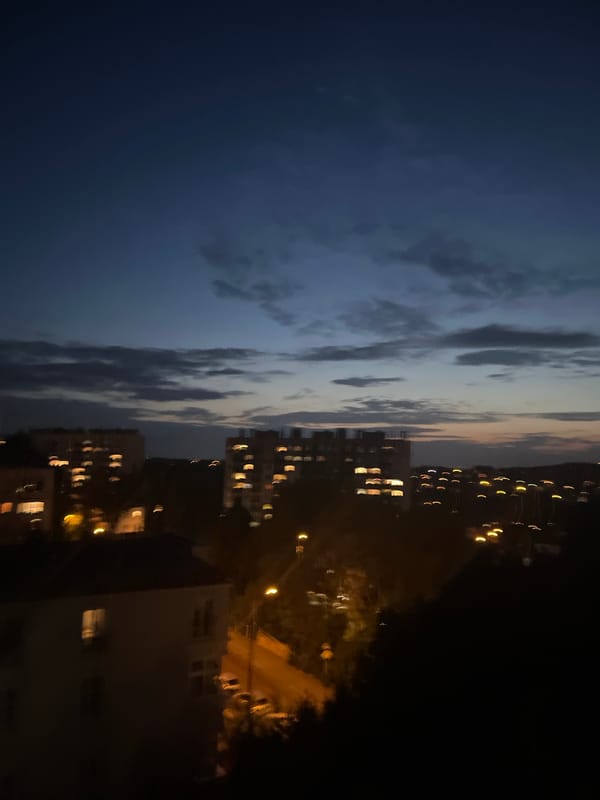 City skyline at dusk, lights coming on across the urban sprawl