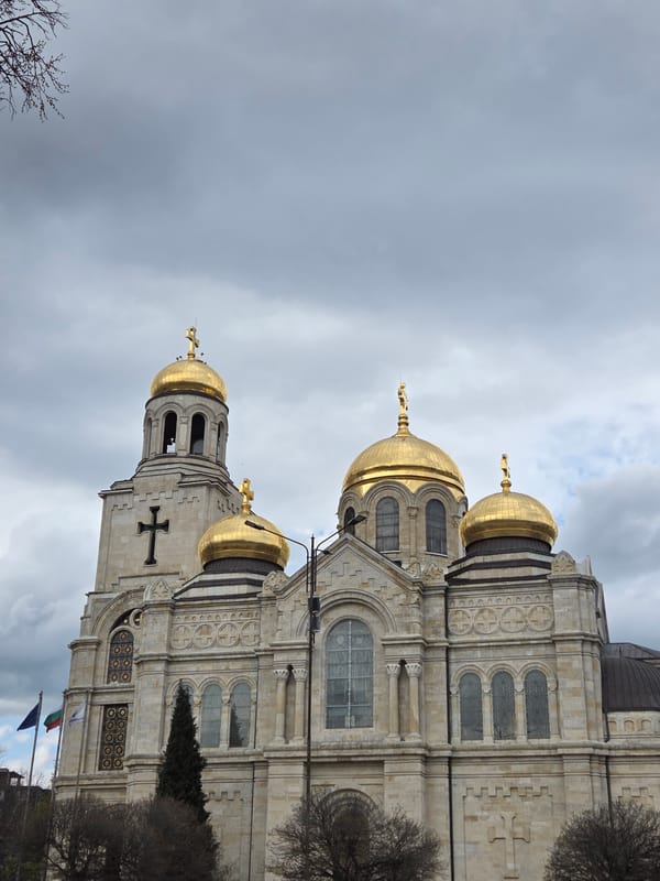 Tourist captures Varna landmarks including cathedral and clock tower