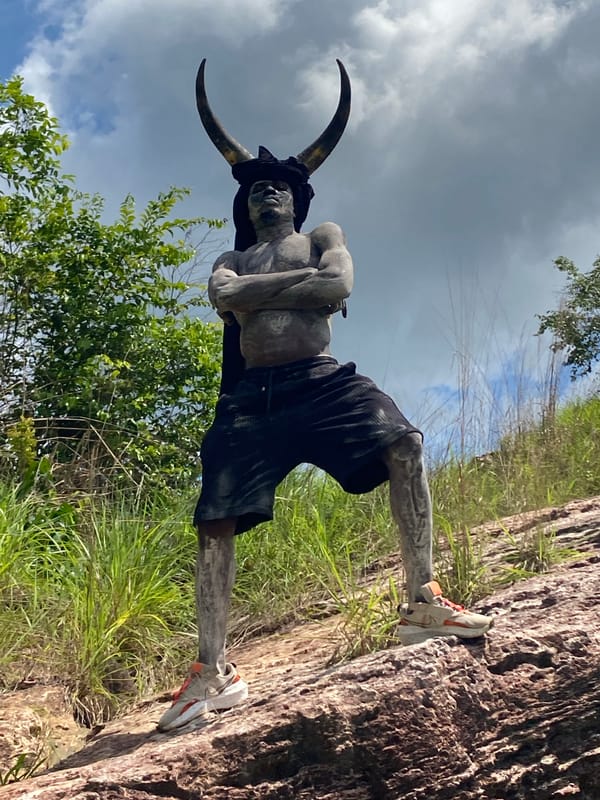 Horned statue spotted in grassy area in Achara, Nigeria
