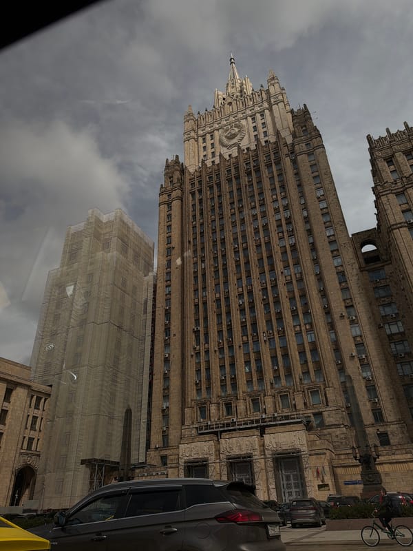 Moscow's Stalinist architecture photographed under cloudy skies