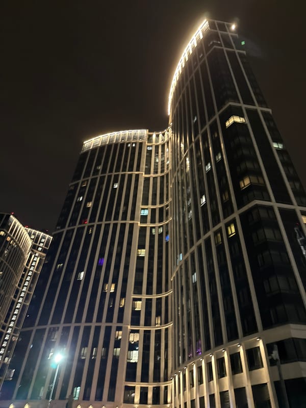 Nighttime high-rise buildings photographed in Khimki, Russia