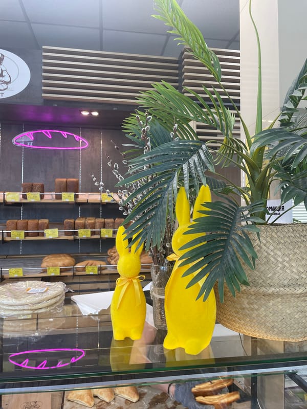 Bakery in Brest displays yellow rabbit decorations with items