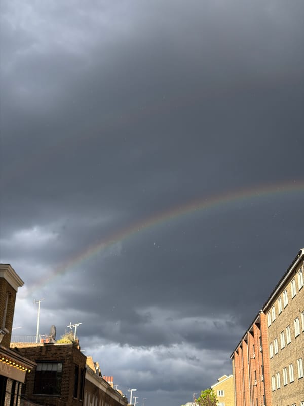 Rainbow appears over London buildings during cloudy evening