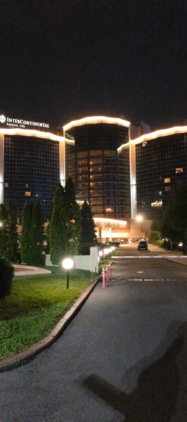 Almaty at night: hotel, park path, and wet streets