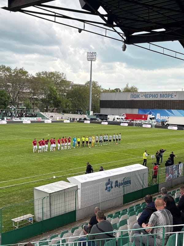 Soccer teams line up before match in Varna stadium
