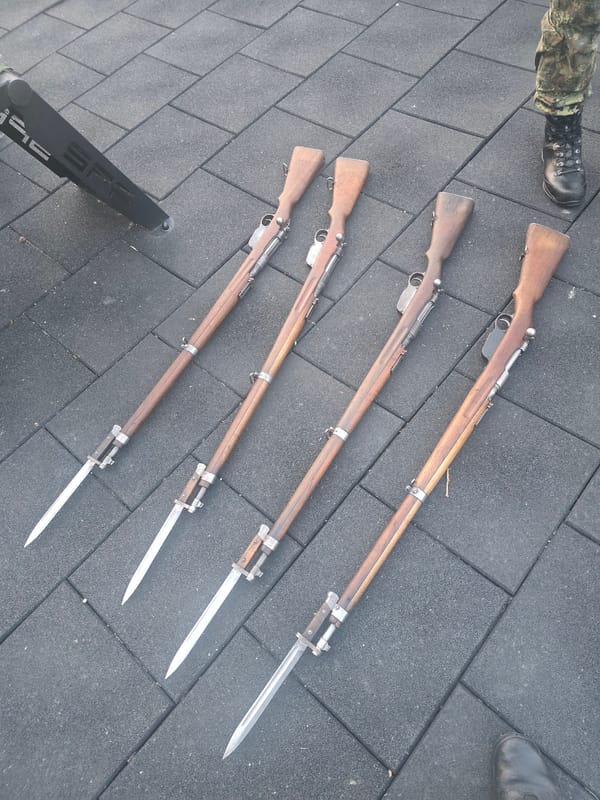 Vintage rifles with bayonets displayed in Veliko Tarnovo, Bulgaria