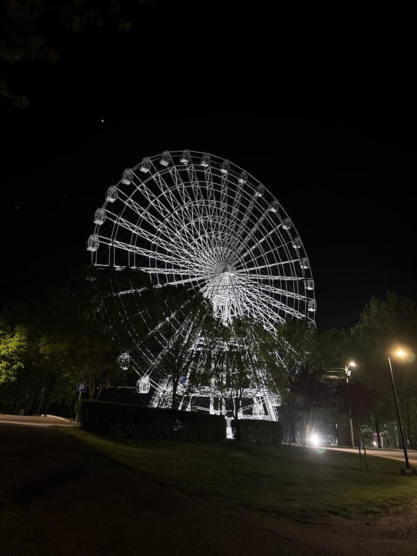 Illuminated Ferris wheel operates at night in Serbian municipality