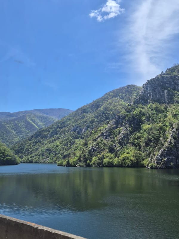 Panoramic river valley landscape captured near Krichim, Bulgaria