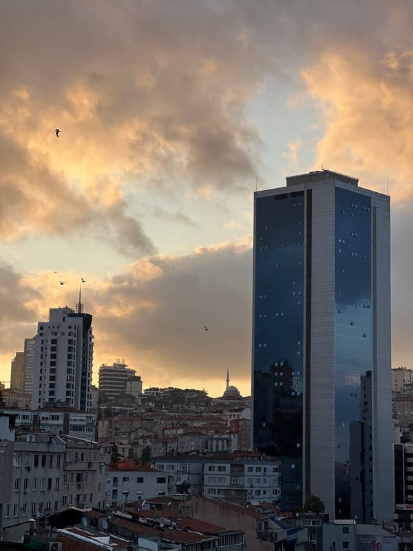 Şişli skyline from above, blue glass tower front and center