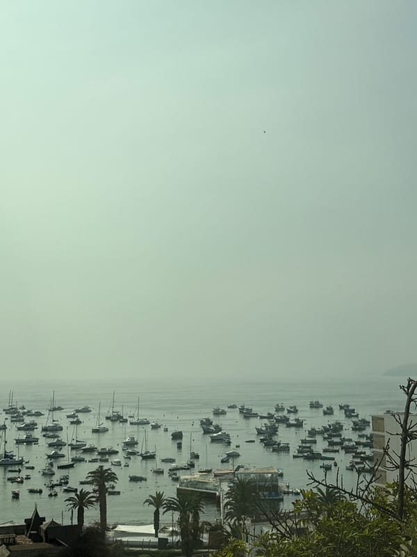 Boats fill Ancón Bay under hazy overcast skies