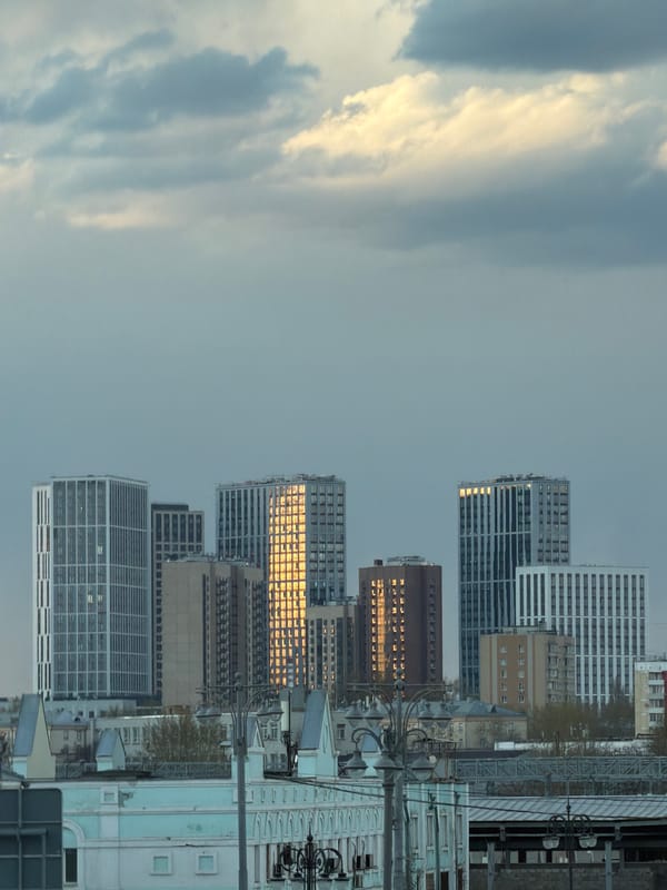 Moscow skyline and Ostankino Tower observed under dramatic clouds