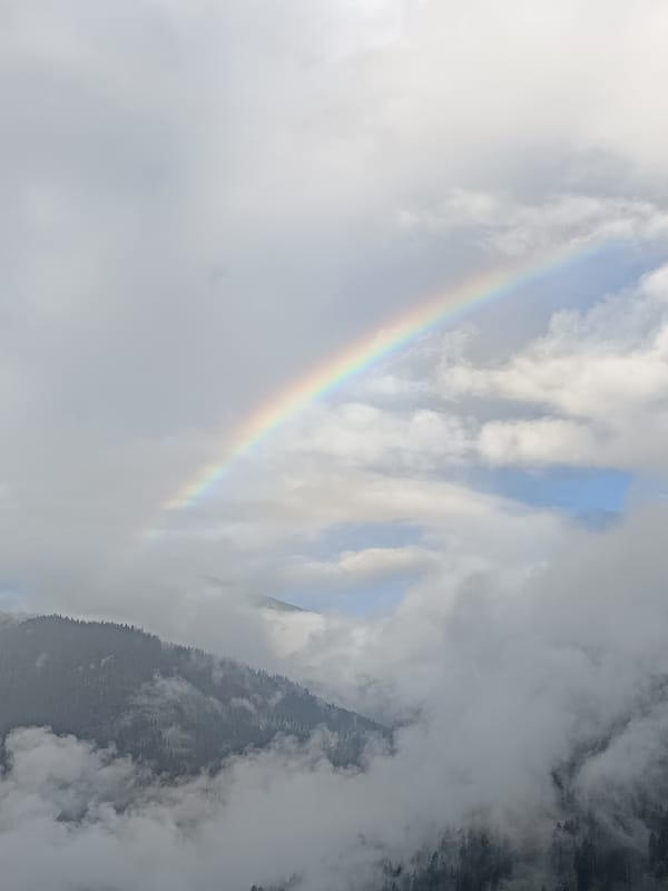 Rainbow over misty pine mountains in Vashisht, India