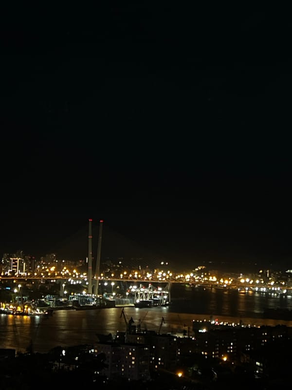 Nighttime panoramic view captured of Vladivostok waterfront from elevated position