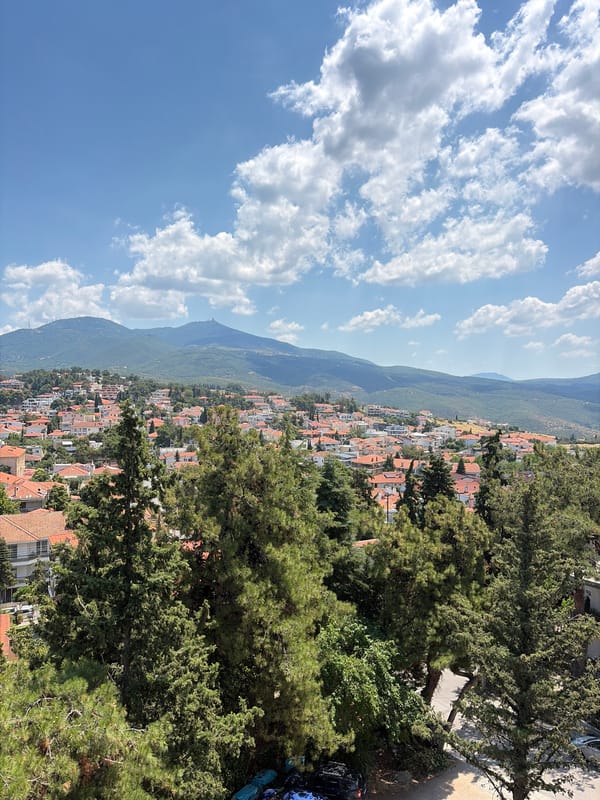 Hillside town views and a marble bathroom in Panorama, Greece