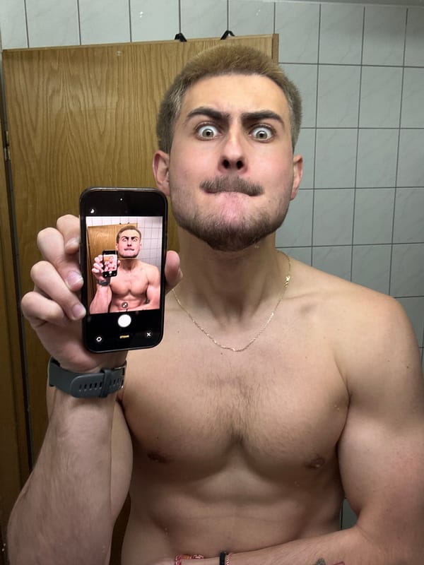 Man films drone flight indoors while taking bathroom selfies