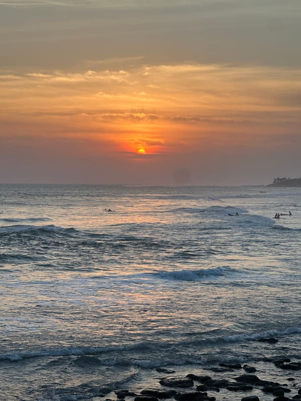 Ocean sunset from multiple angles, surfer in the mix