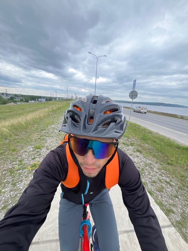 Cyclist documents morning ride along Kama River in Chaikovsky