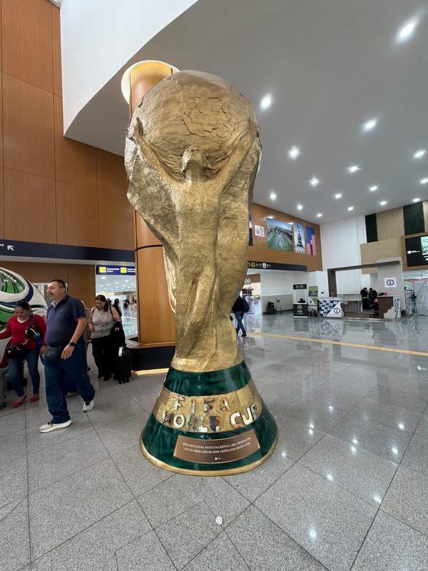 FIFA World Cup trophy replica displayed in Mexico City building