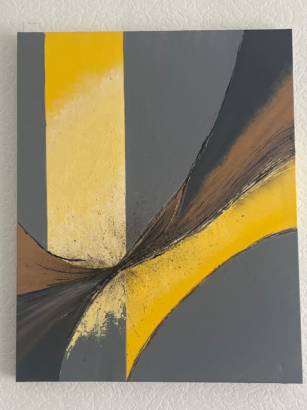 Abstract painting plays with yellow fading into gray and white.