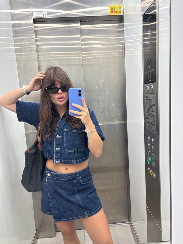 Elevator mirror selfie in Tel Aviv, denim outfit.