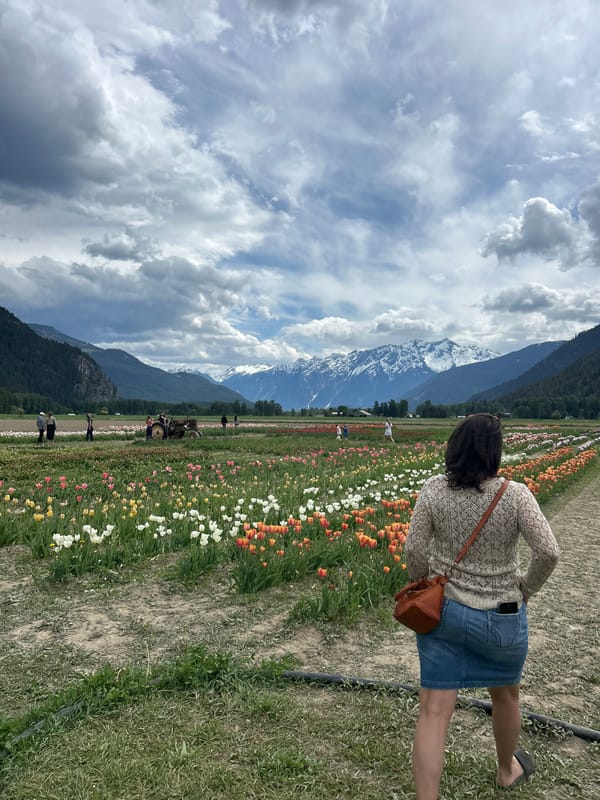 Woman visits tulip field in Pemberton Valley, BC