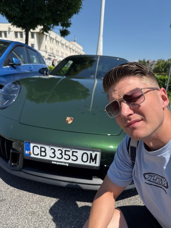 Man poses with green Porsche in handicapped space, Plovdiv