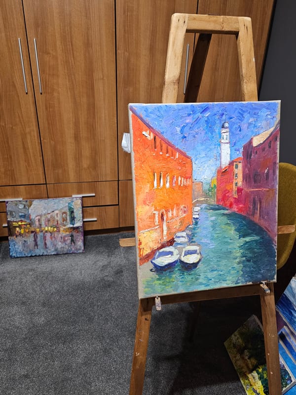 Art display and city view documented in brief afternoon observation