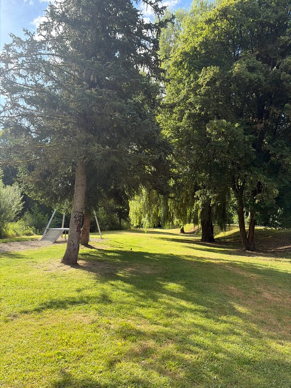 Park stroll captures greenery, garden figures, and shifting skies