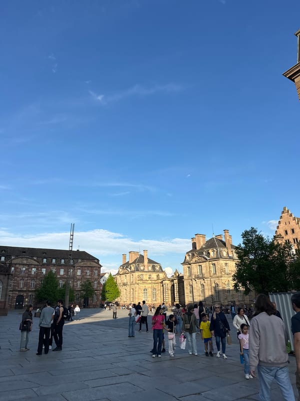 Street performer, tourists document typical afternoon at Strasbourg Cathedral
