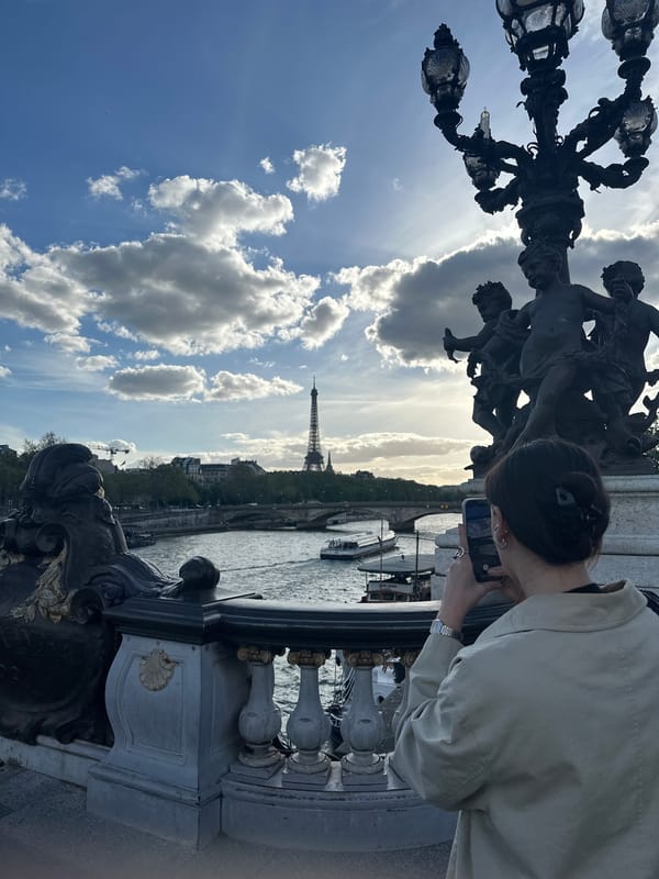 Tourists photograph Eiffel Tower from Seine bridge in Paris