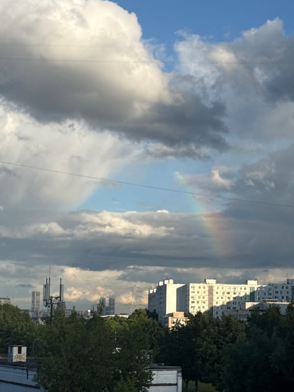 Inside a Moscow private clinic lab, rainbow breaks through outside