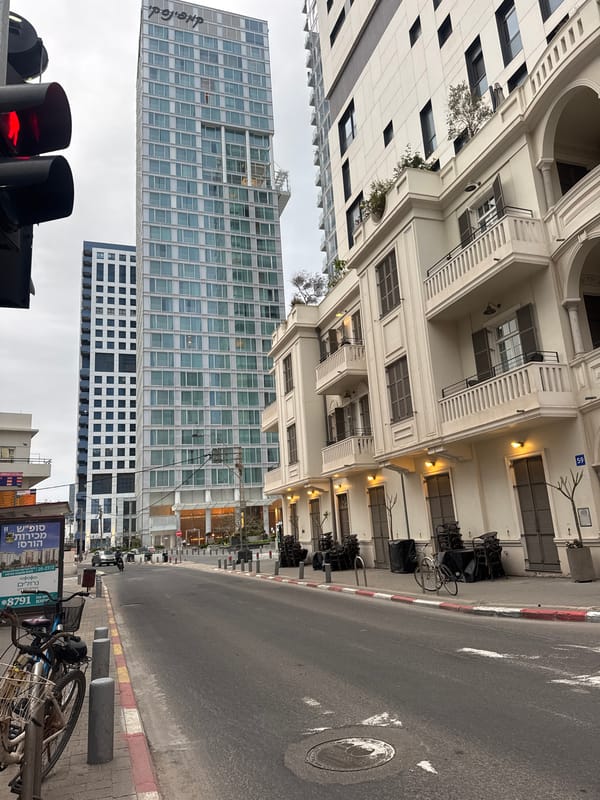 Tel Aviv street scene shows contrasting modern and traditional architecture