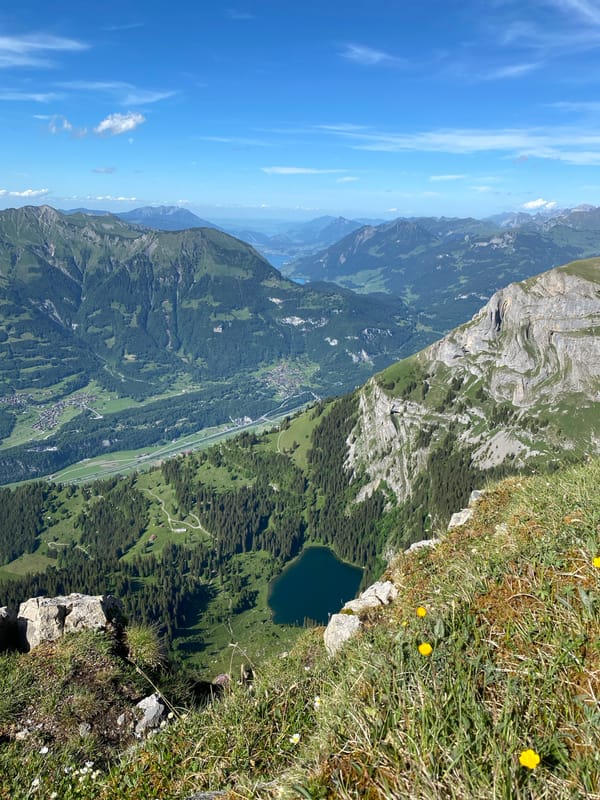 Mountain hiking break overlooking Lake Brienz in Swiss Alps