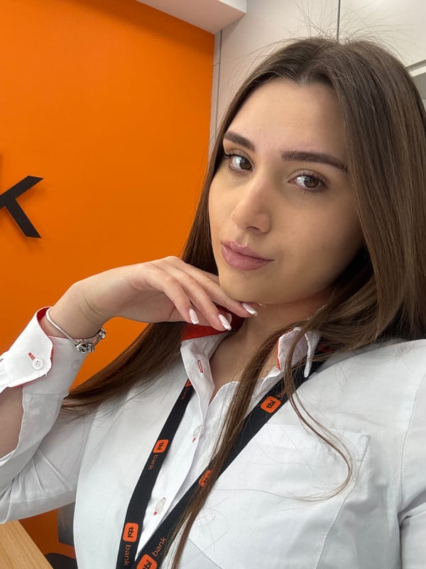 Bank employee takes morning selfie in Gabrovo, Bulgaria