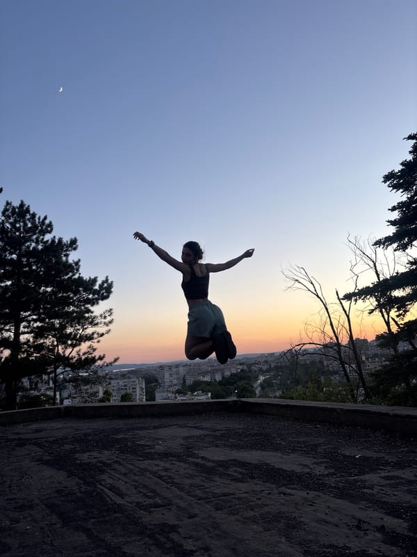 Rooftop fitness and golden-hour photos over Varna at sunset