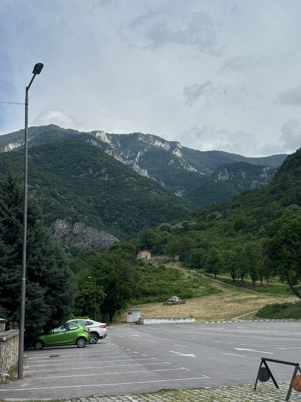 Cobblestones, kiosks, and mountain views in Bachkovo
