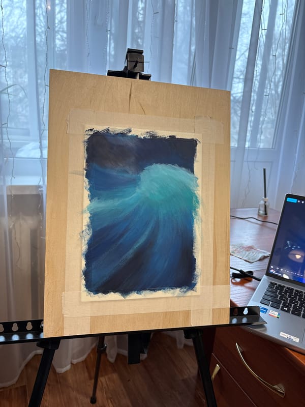 Artist's workspace documented during early morning session in Izhevsk