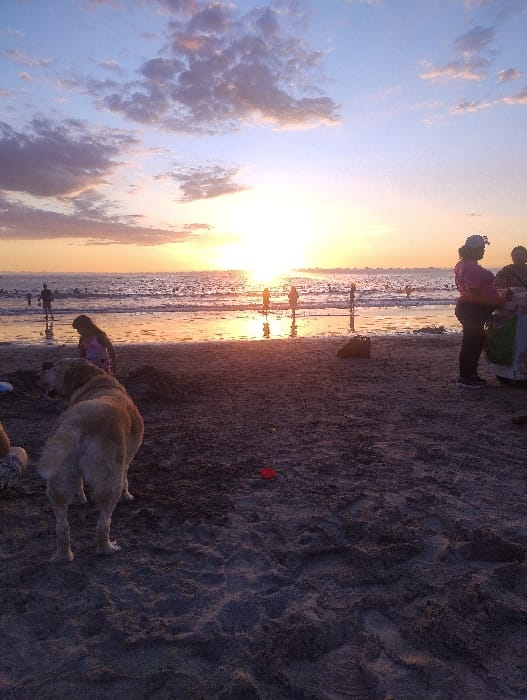 Families enjoy sunset beach time in Iquique, Chile