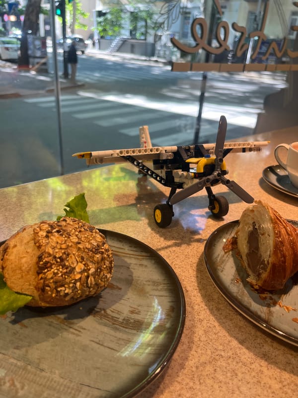 Morning cafe scenes with Lego airplane documented in Tbilisi