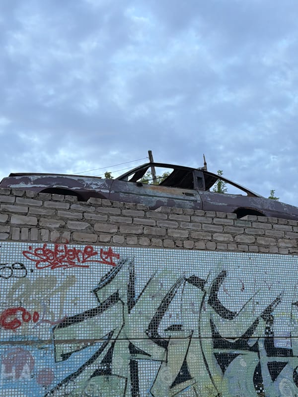 Trackside hangout at dusk with a dog and graffiti walls