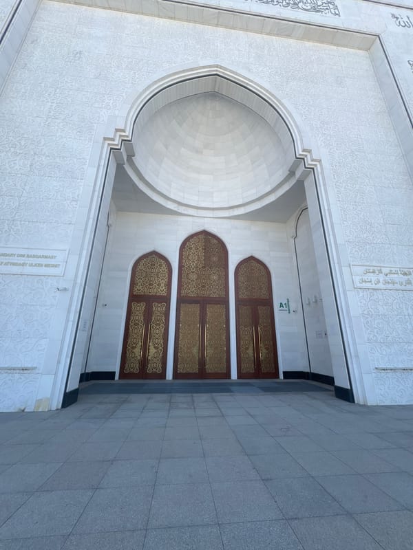 White marble mosque entrance, Shymkent, Kazakhstan