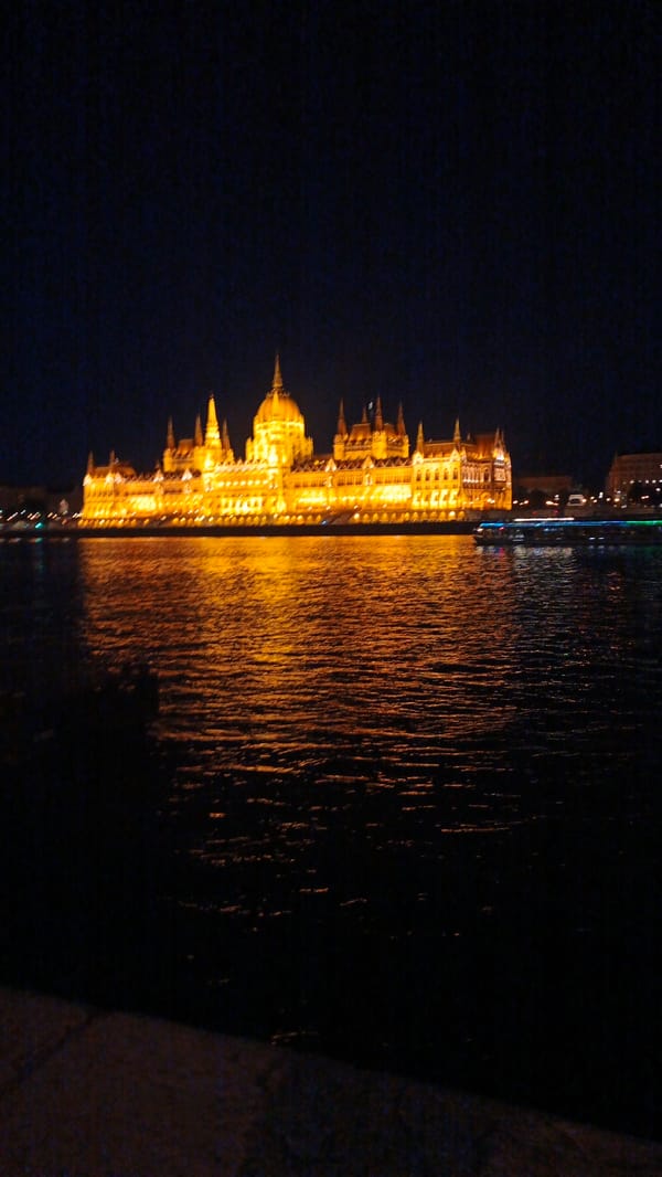 Hungarian Parliament Building illuminated at night along Danube River