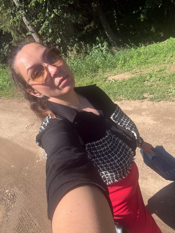Selfie session in Chaikovsky, red skirt and tweed trim