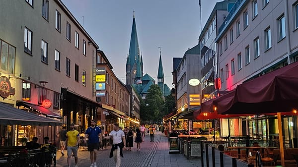 Linköping city center streets at summer twilight